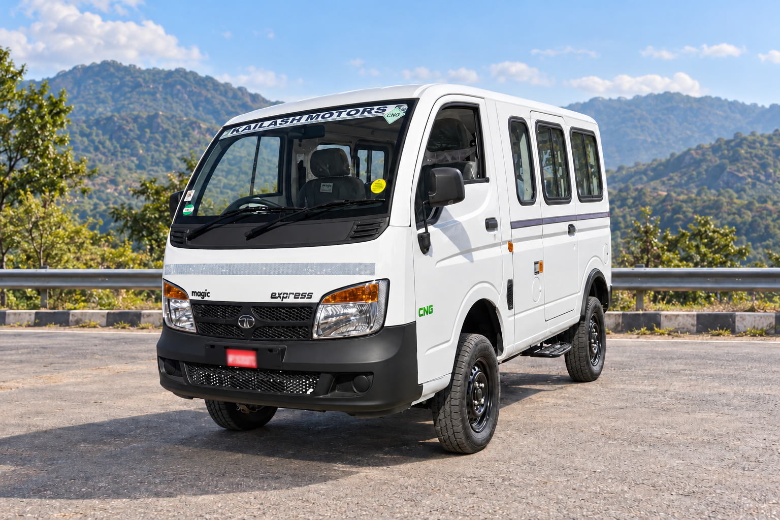 White 10-seater passenger van on a scenic mountain road